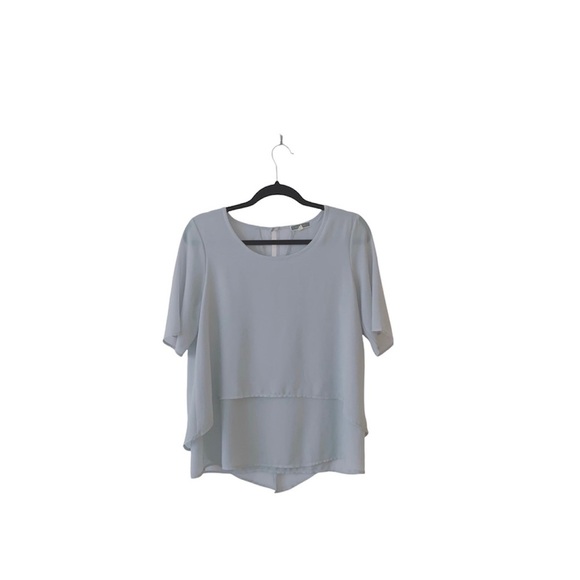 Pleione Light Gray Sheer Layered Split Back Short Sleeve Blouse Sz S - Picture 1 of 10